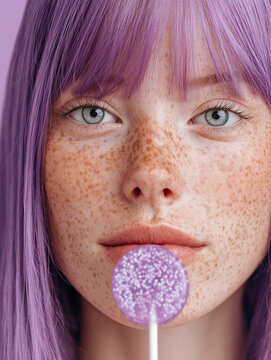 Macro close-up portrait of a freckled girl with purple hair and bangs holding a round purple candy in front of her mouth.