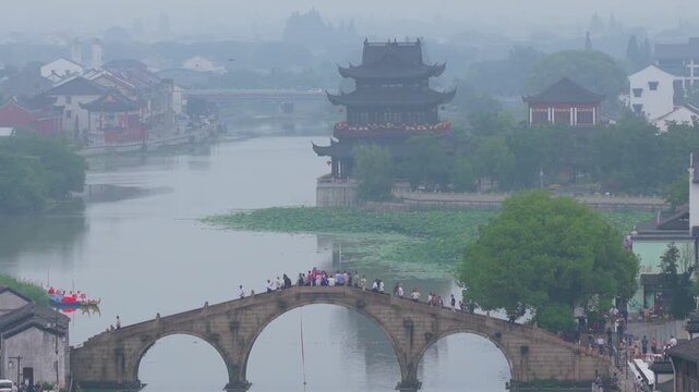 Aerial View of the three bridges in Shuanglin Town, Huzhou, Zhejiang Province, China.