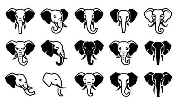 Modern Elephant Head Flat Vector Icons with Wildlife Face Logo and Emblem Collection