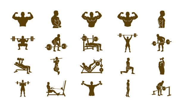 Bodybuilding and weightlifting icons set, 20 gym workout silhouettes, brown fitness exercise symbols for strength training and muscle building