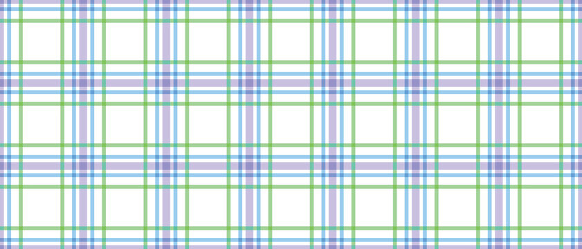 Pastel Plaid Seamless Pattern Grid Vector Background with Green, Purple, and Blue Lines for Textile and Web Design