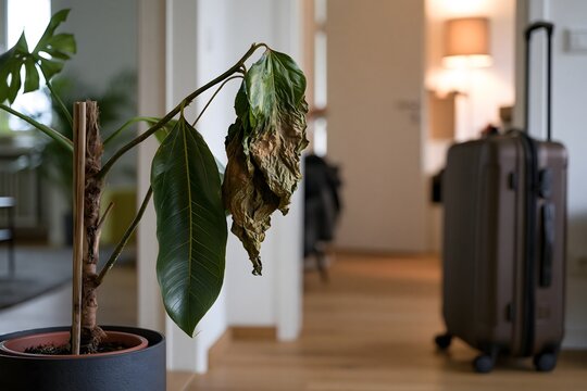 Vertrocknete Zimmerpflanze neben Reisekoffer nach den Sommerferien