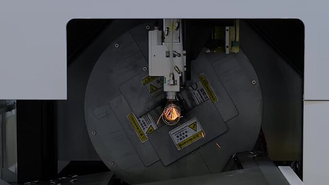 Slow motion: automatic cnc laser cutting machine is operating on cylindrical metal workpiece with many sparks at factory, plant. Concept of equipment, manufacturing, industrial, and metalworking