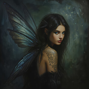 Dark fantasy fairy woman with mystical wings portrait created by AI