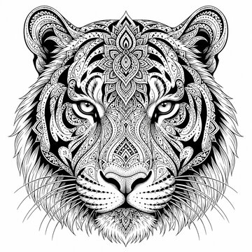 Detailed tiger face decorated with intricate mandala and zentangle patterns. Elegant monochrome wildlife illustration ideal for tattoo, coloring books, wall decor, and premium artwork.