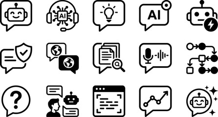 Fototapeta premium Artificial Intelligence And Communication Flat Icons Black Line Art On White Background