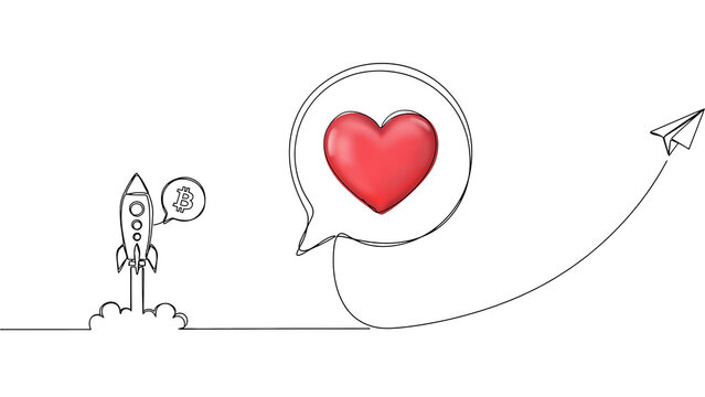 Minimalist rocket ship sketch launching toward a red heart symbol with ambition