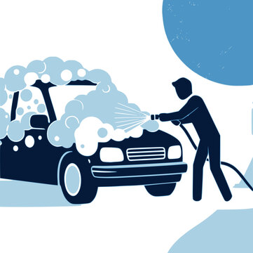 Worker spraying active foam on a car silhouette: Design for car wash signage, auto detailing services, or maintenance service flyers. Transparent background EPS version.