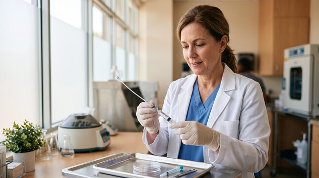 Female fertility specialist preparing a syringe for IUI in a laboratory.