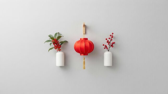 Red Lantern and Floral Arrangement, Minimalist Style, Indoor Setting, Contemporary Viewpoint