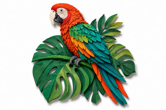 Colorful layered paper art parrot perched on tropical monstera leaves. Vibrant handcrafted wildlife illustration with realistic paper cut texture, ideal for nature, jungle, and exotic designs.