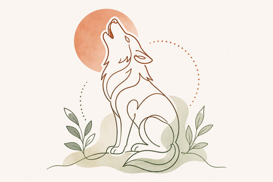 Minimalist one-line wolf illustration howling beneath the moon. Elegant botanical line art with modern boho aesthetic, ideal for logos, tattoos, branding, posters, and contemporary decor.