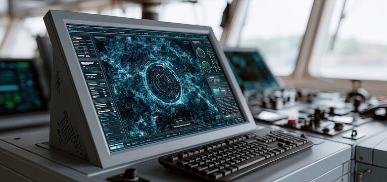On the bridge of a modern cargo ship, a high-tech computer screen shows an advanced navigation system with illuminated markers.