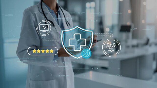 Female doctor supporting patient care excellence through clinical standards, healthcare quality programs and modern medical management