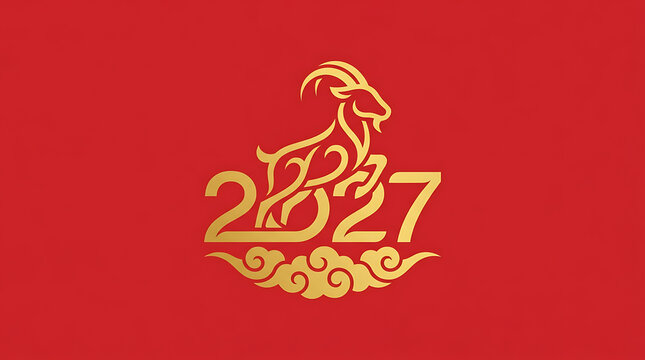 2027 Year of the Goat golden logo. Chinese zodiac sign icon for lunar new year design.
