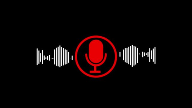 Video animation of a voice recording or broadcasting icon, microphone and sound waveform, voice message - close-up on black background.