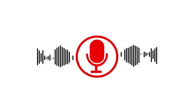 Video animation of a voice recording or broadcasting icon, microphone and sound waveform, voice message - close-up.