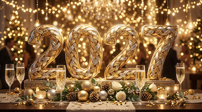 2027 gold numbers for New Year celebration. Festive holiday decor with champagne glasses.