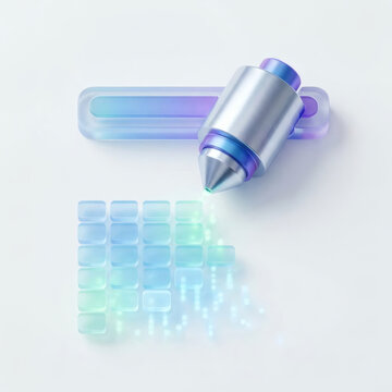 Futuristic laser head printing a matrix of glass data cubes, 3D render, generative AI