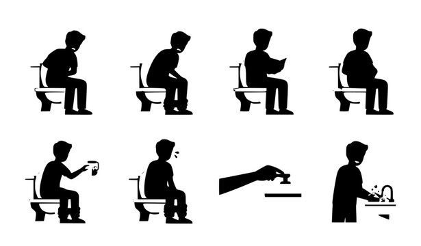 Digestive Health Toilet Icons with Man Sitting on WC Flat Vector Set