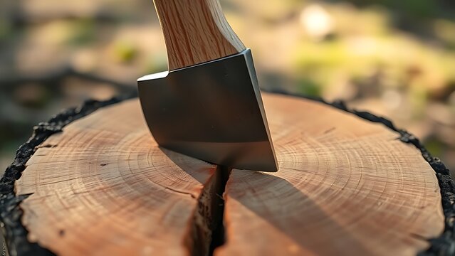 Axe head embedded in a freshly split log, highlighting the wood grain.