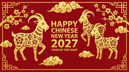 Fototapeta premium Chinese New Year 2027 banner with golden goats. Lunar New Year greeting card design.