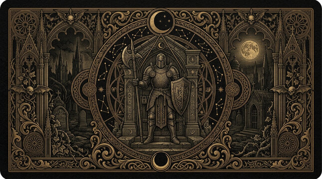 Gothic Knight Guardian Tarot Card Design Featuring Armored Paladin Poleaxe and Full Moon