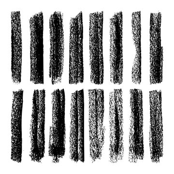 Long grunge brush strokes, lines, ink smudges, hand-drawn scribble shapes. Handmade sketchy marks, stains, charcoal streaks. Paint textures, dry brush effect. Marker underline. Vector illustration