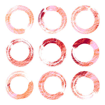 Rose gold grunge circles, brush strokes, lines, ink smudges, handdrawn scribble shapes. Handmade sketchy marks, acrylic stains, charcoal streaks. Paint textures, dry brush effect. Vector illustration.