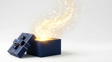 Obraz premium A dark blue gift box opened on a white background with magical golden light glowing and sparkling from inside the present container