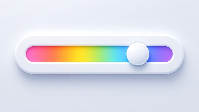 A sleek, modern interface slider element featuring a vibrant, multicolored gradient bar inside a white, glossy neumorphic container frame.
