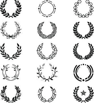 Collection of various decorative laurel wreaths and circular floral frames in black ink style for design and branding projects
