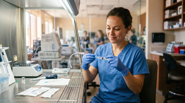 Female embryologist preparing syringe for IUI fertility procedure in clinic.