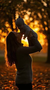 The silhouette of a mother and baby gazing at each other with smiles in a park at dusk in autumn.