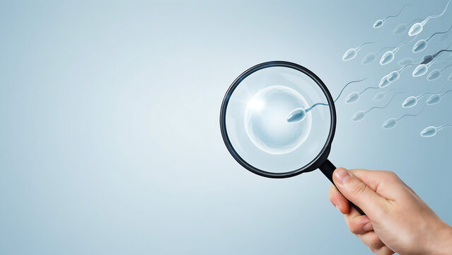 Magnifying glass focusing on sperm cell fertilization with fertilization