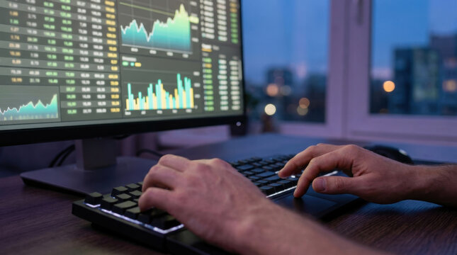 Stock market trading keyboard monitor chart data analysis hand desk office market chart chart graph screen computer finance investment stock