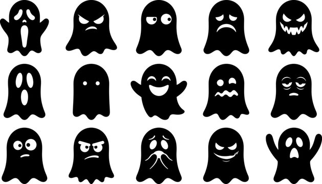 Set of black ghost silhouette icons for halloween celebration spooky character collection on gray.