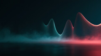 Fototapeta premium Two voice waves from separate sources blend and divide into ordered streams with a soft mist present at the split in a dark space.