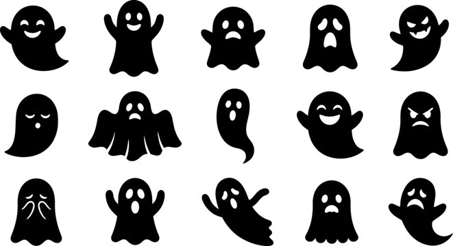 Assorted ghost expressions pack showing happy sad and angry faces for fun halloween character design.