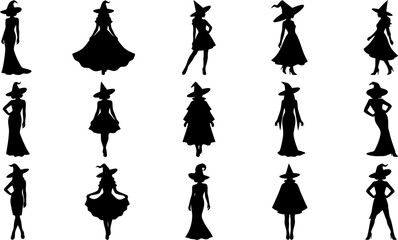 Obraz premium Witch silhouettes collection in halloween outfits isolated on transparent background vector design.