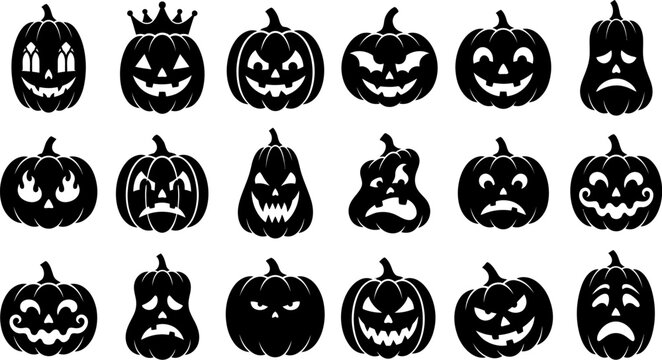 Set of unique carved pumpkin faces silhouette icons for halloween party and seasonal decoration.