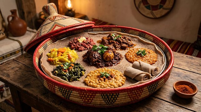 Traditional Ethiopian Cuisine Served on Injera Bread