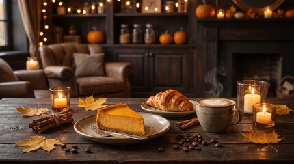 Fototapeta premium Cozy Halloween Coffee Shop Background with Pumpkin Spice Latte