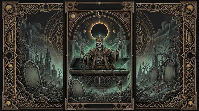 Gothic Skeleton King Tarot Card Design with Solar Eclipse Coffin and Graveyard Scene