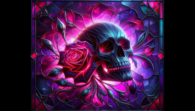Gothic Skull Window with Neon Rose Illumination