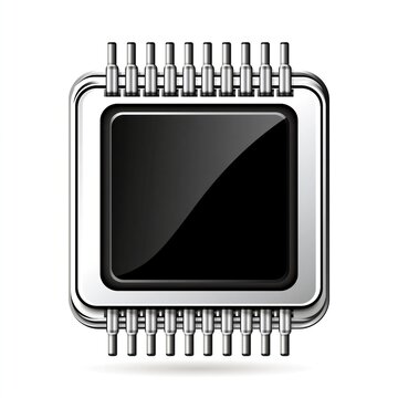 Glossy metallic square microchip processor icon with blank empty black central area isolated on clean white background represents computer hardware technology