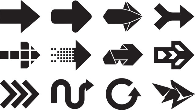 Black and white abstract arrows set modern design elements vector background pattern simple chunky origami merging pixelated dissolving folded chevron triple serpentine reload dynamic shards