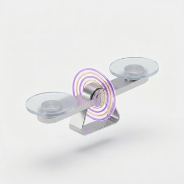 Futuristic metallic balance scale with frosted glass trays and neon waves, 3D render, generative AI
