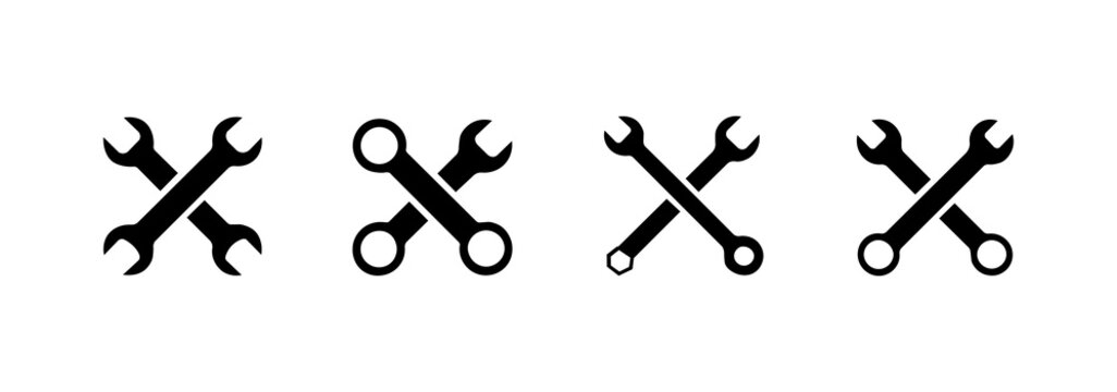 Wrench icon set. Contains crossed tools for repair, maintenance, construction, and industrial concepts. Solid icon illustration pack.