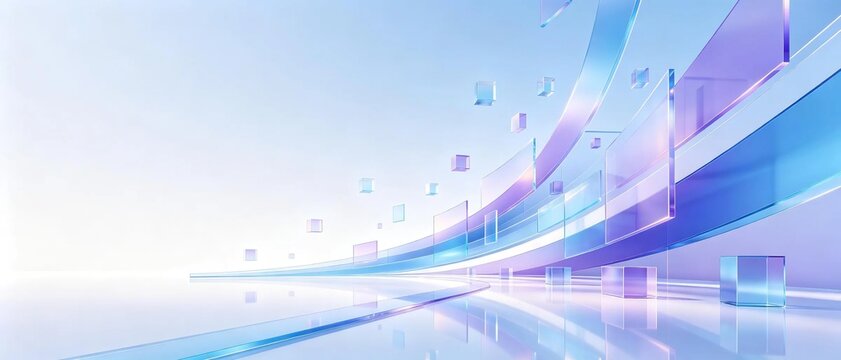 Modern futuristic composition with curved transparent blue and purple glass panels and floating small glass cubes on clean soft light background shows contemporary digital technology design concepts